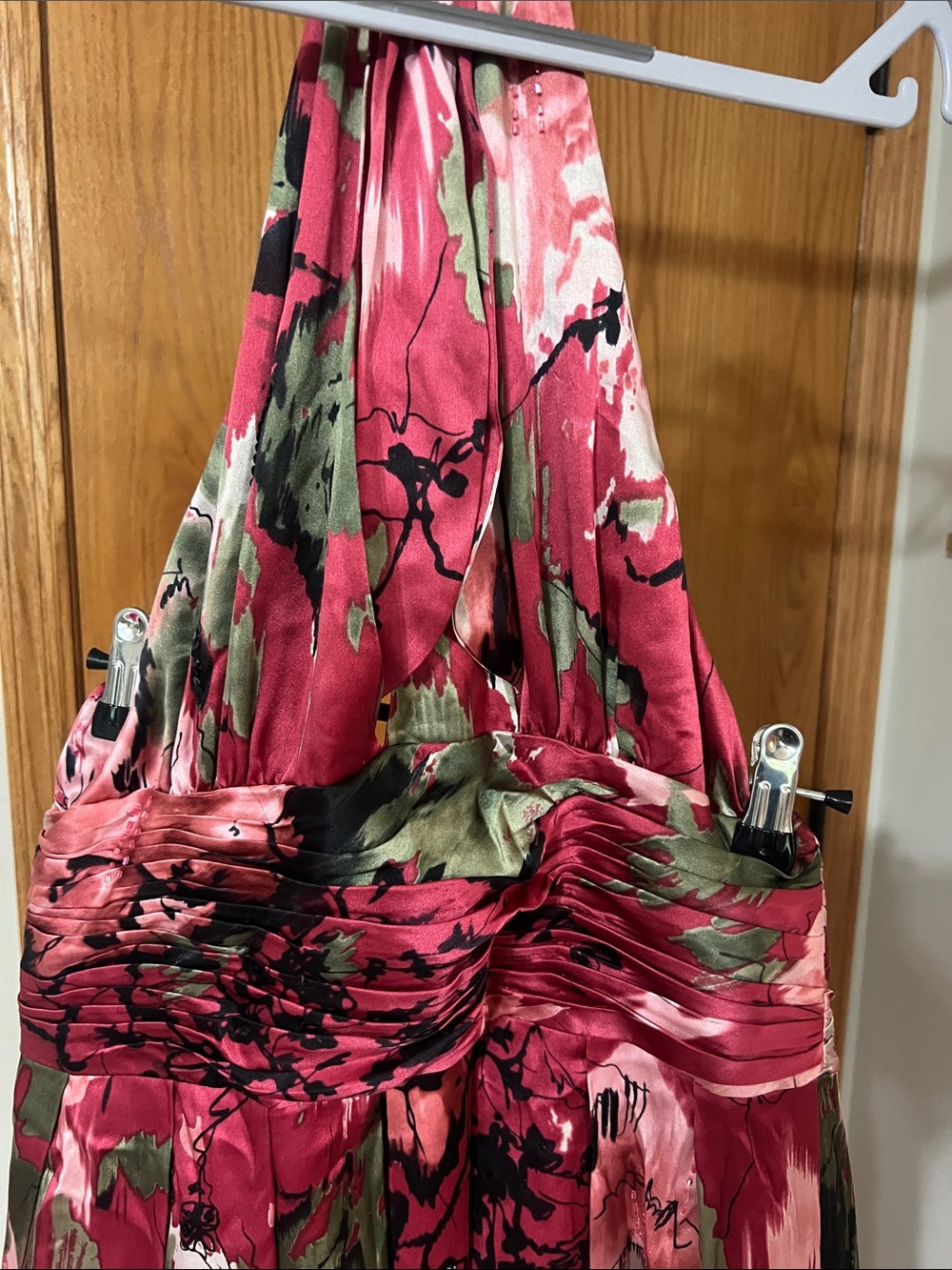 Adrianna Papell Pink Floral Halter Maxi Skirt with Green and Black Accents
